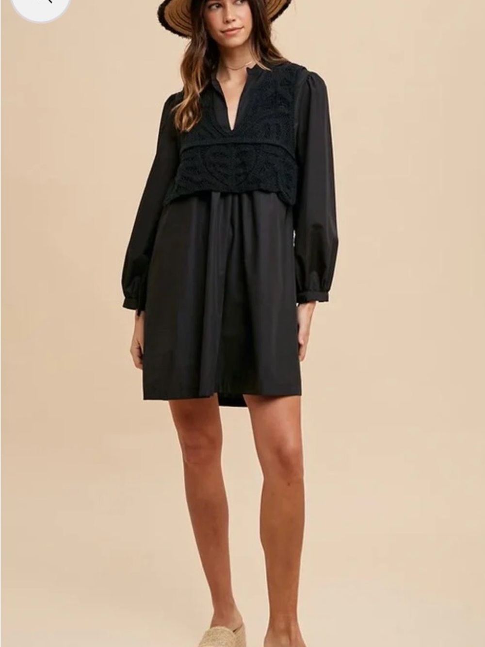 Black Long-Sleeve V-Neck Mini Dress with Crochet Bodice
